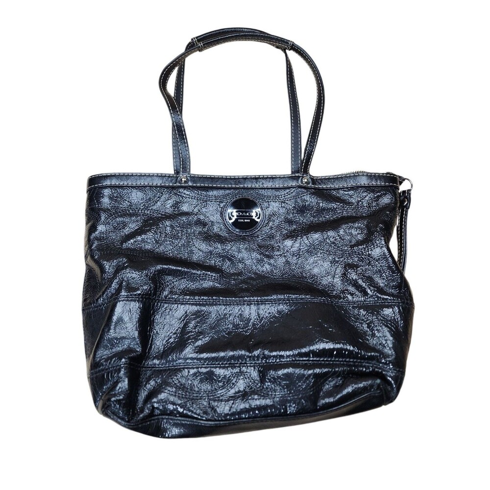 Coach Signature‎ Stitched Black Leather Hand Bag Purse D1193 F15142